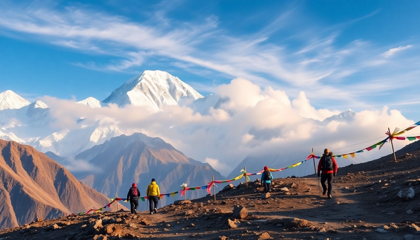 Everest base camp trek packages showcasing trekkers against Mt. Everest backdrop, vibrant prayer flags, and Himalayan beauty.