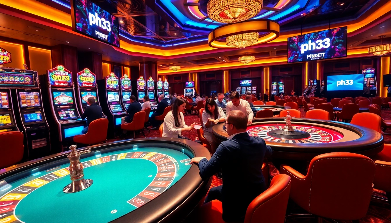 Engaged players enjoy thrilling games at ph33 casino, surrounded by vibrant slot machines.