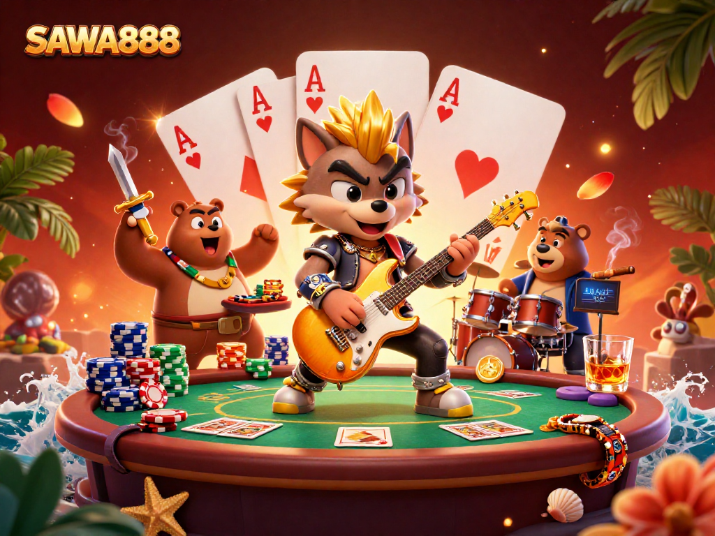 Experience the thrill of SAWA888 with a vibrant 3D casino scene featuring dynamic characters and rich gaming elements.