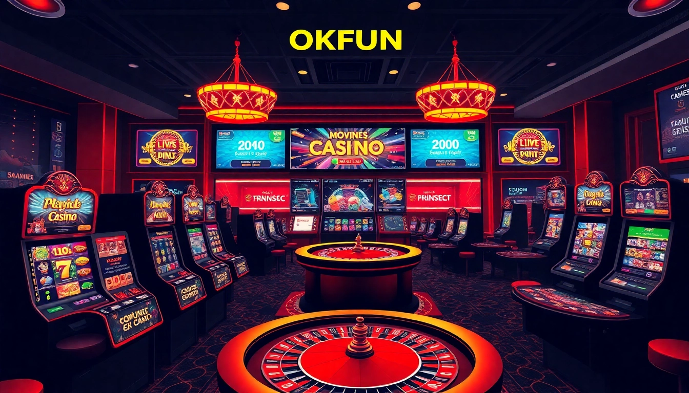 Experience the excitement of online gambling with the trang chủ OKFUN, featuring vibrant slot machines and poker tables.