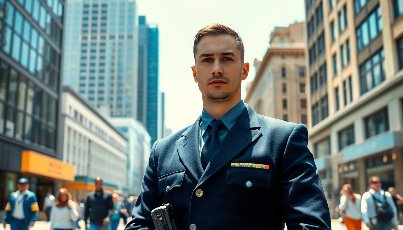 Hire private security with a professional guard in an urban setting, presenting confidence and vigilance.
