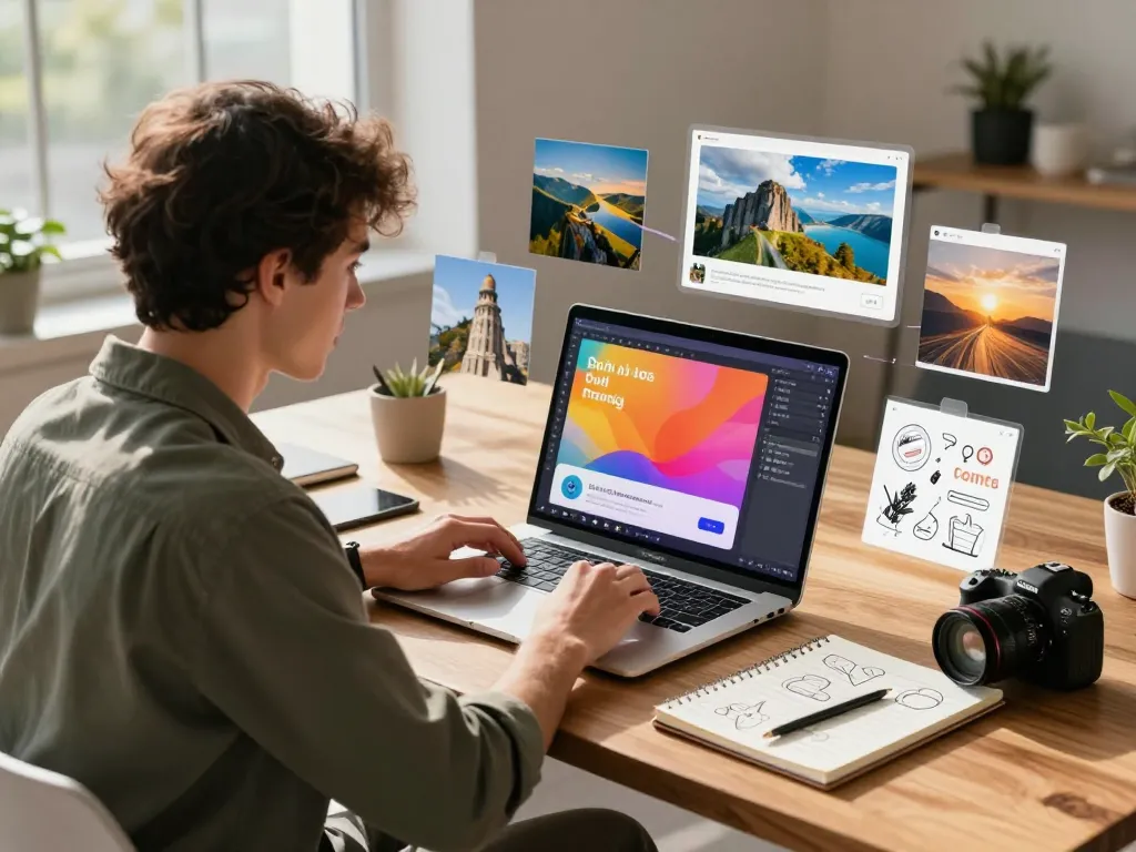 Creative professional engaged with image to prompt technology in a bright workspace.