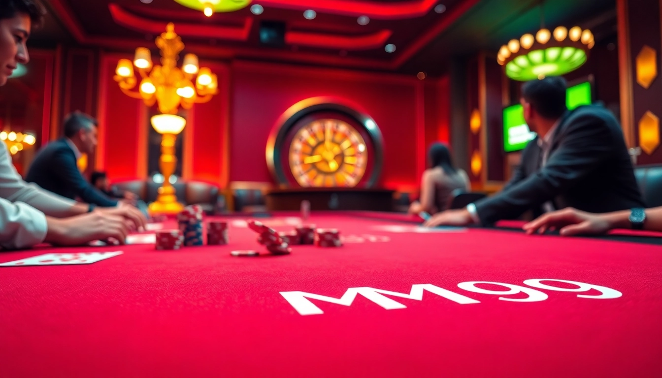 Players excitedly gamble at a professional MM99 poker table in a luxurious casino.