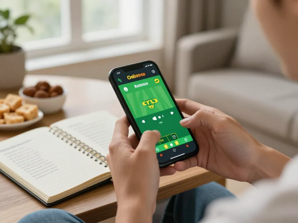 Engaged player using open88 app for sports betting on smartphone in cozy home setting.