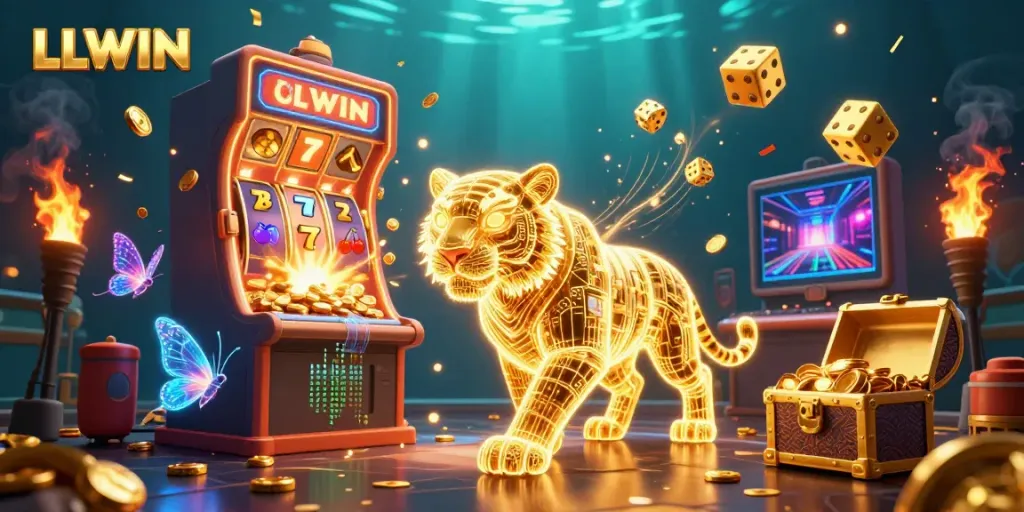 Experience the thrill of LLWIN with a vivid digital casino scene featuring a neon tiger and jackpot moments.