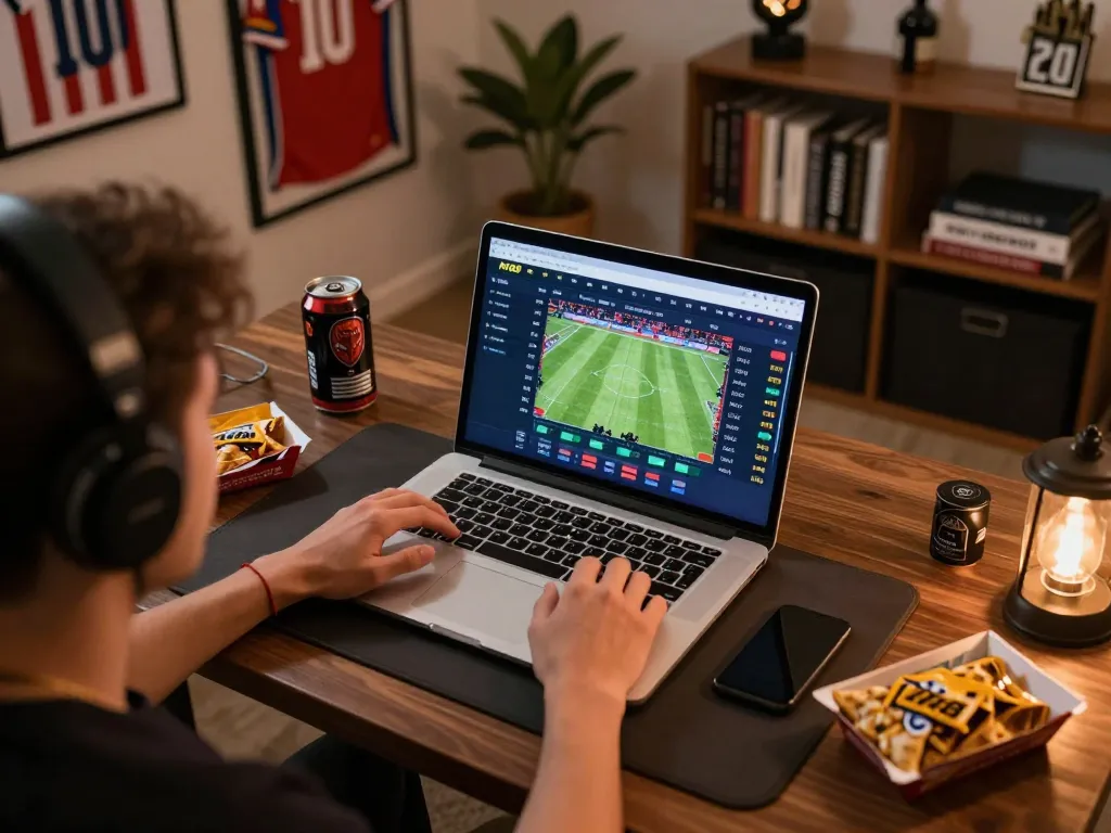 Engaging in sports betting on the N188 platform with a laptop setup and sporting memorabilia.