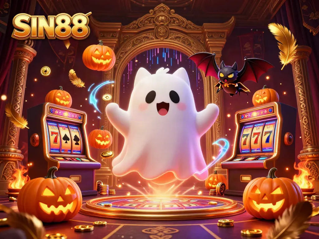 SIN88 offers exhilarating gambling experiences with a ghost cat and bat in a vibrant casino scene.