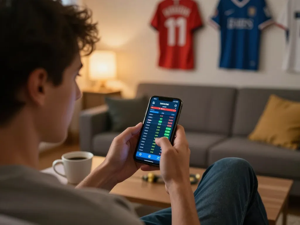 Engaged player using smartphone for live online betting with 68win sports odds.