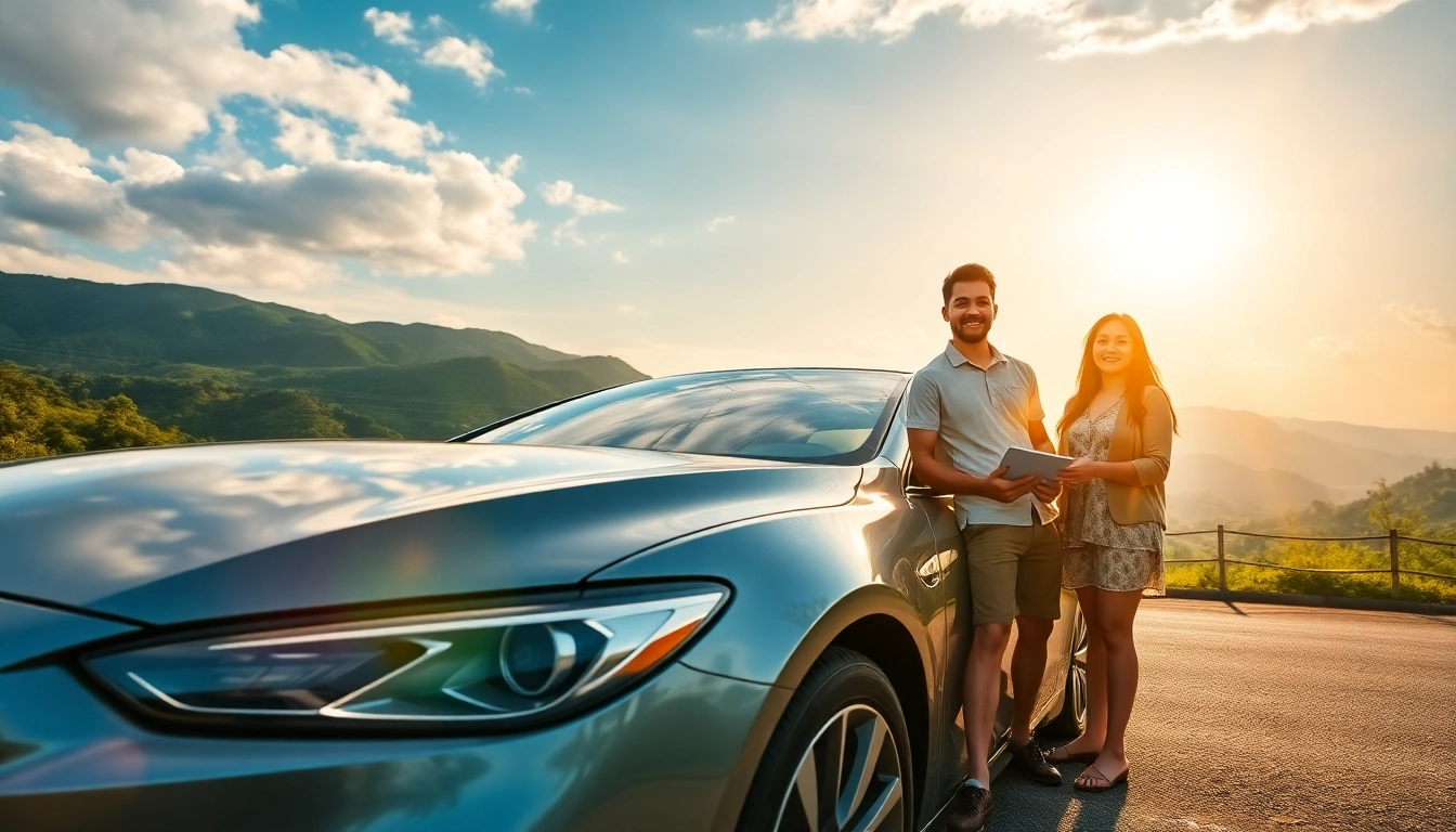 Kuching rent car with scenic views of Malaysia, showcasing a modern vehicle and happy travelers.