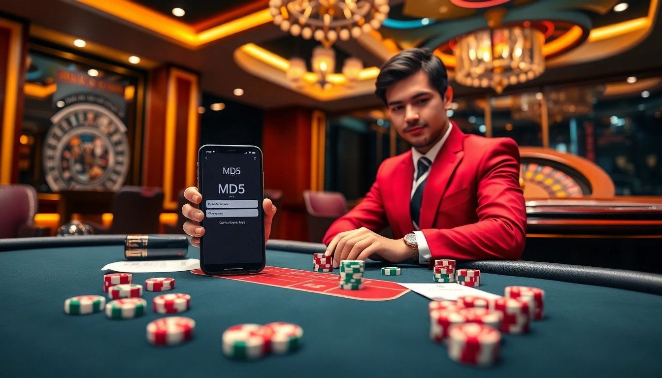 Engaging Tài Xỉu MD5 game scene with vibrant dice and chips, showcasing excitement in online gambling.