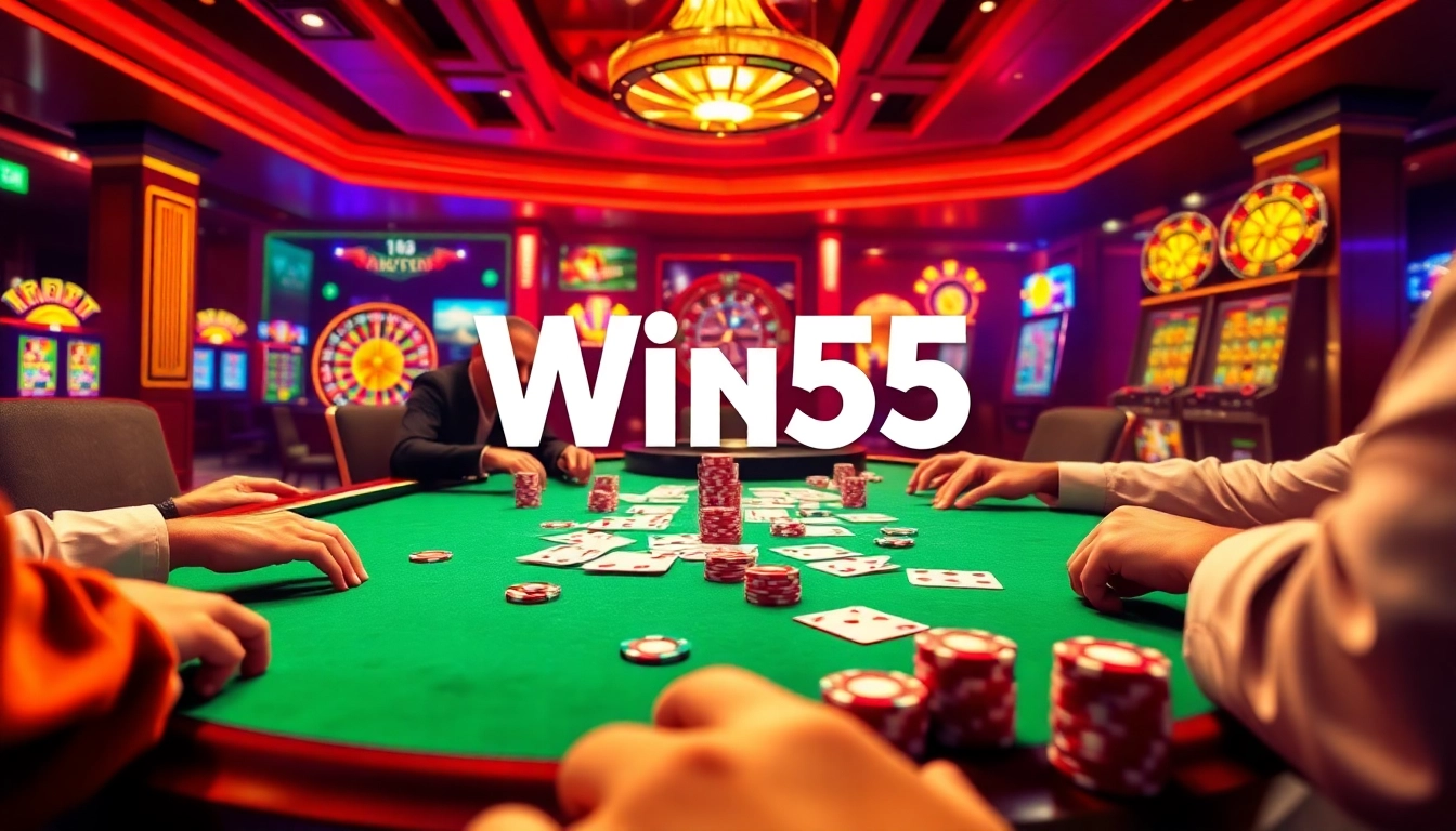 Win55 players captivated by an exciting poker game in a luxurious casino setting