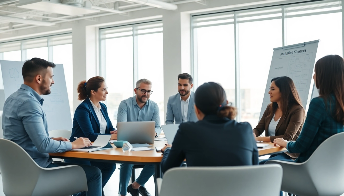 Marketing consultancy team collaborating on strategies in a modern office.