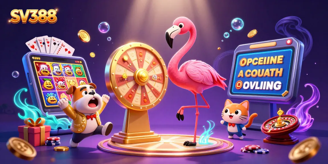 Experience thrilling gameplay with SV388 as the flamingo host spins the prize wheel surrounded by vibrant casino elements.