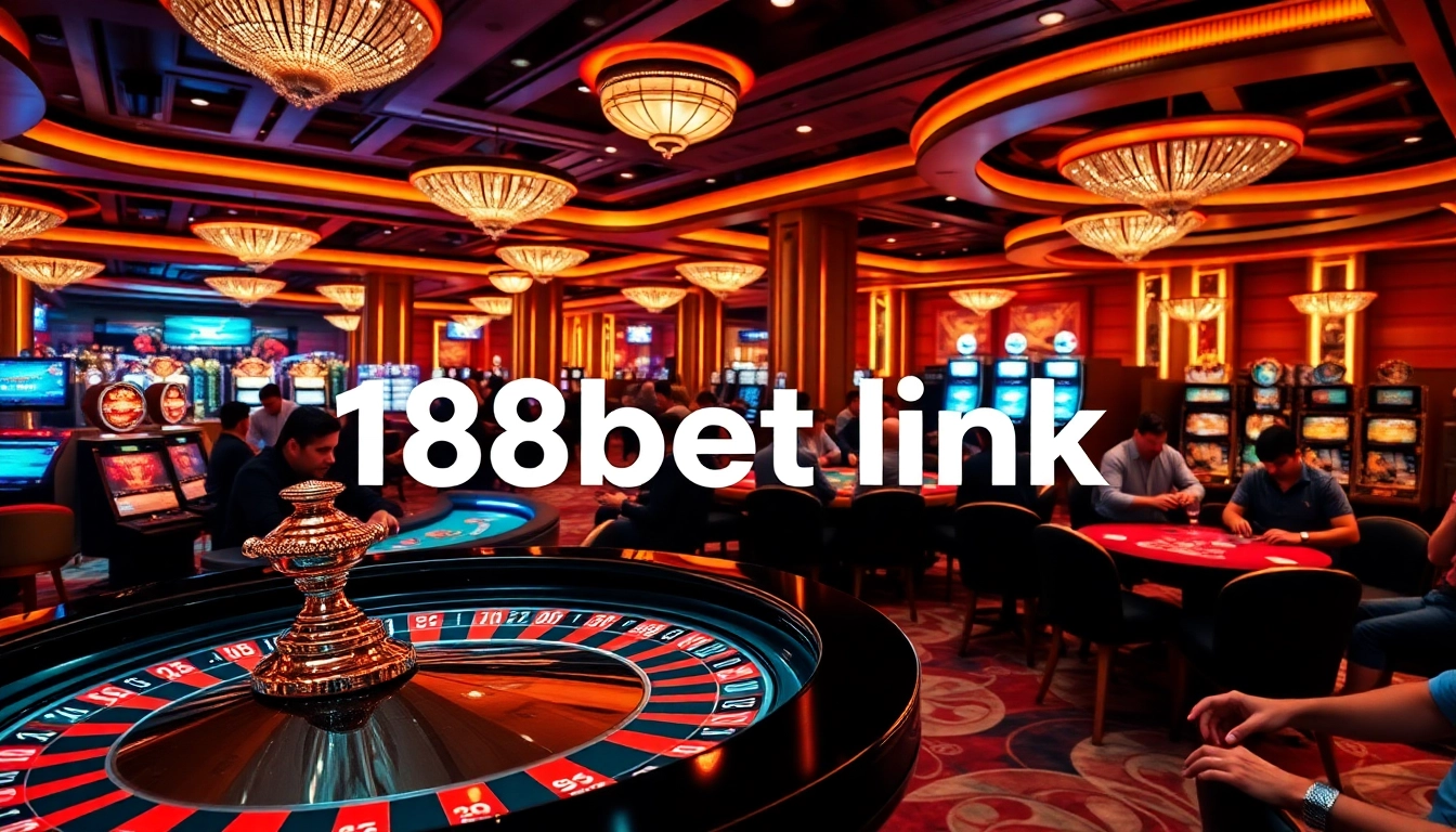 The vibrant casino scene featuring diverse players at poker tables and a roulette wheel with a glowing '188bet link' on display, showcasing excitement.