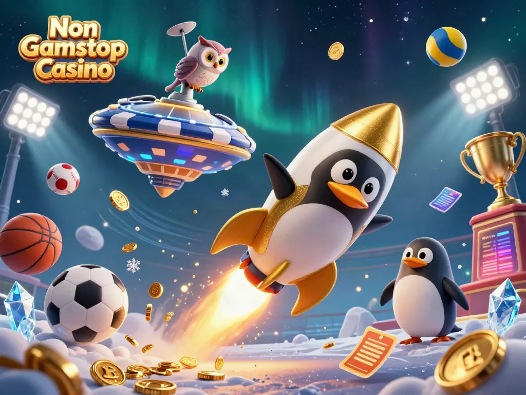 Engaging scene of Non Gamstop Casino with a golden penguin rocket and sports elements.