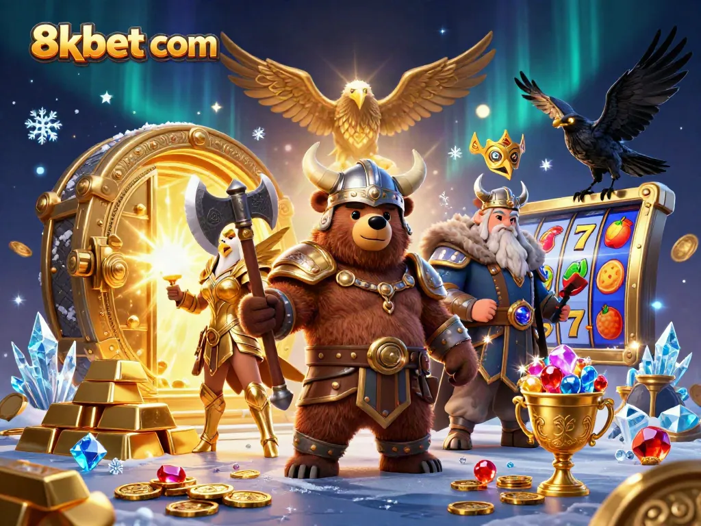 Engage with thrilling gameplay features of 8xbet com with vibrant slot reels and Viking characters.