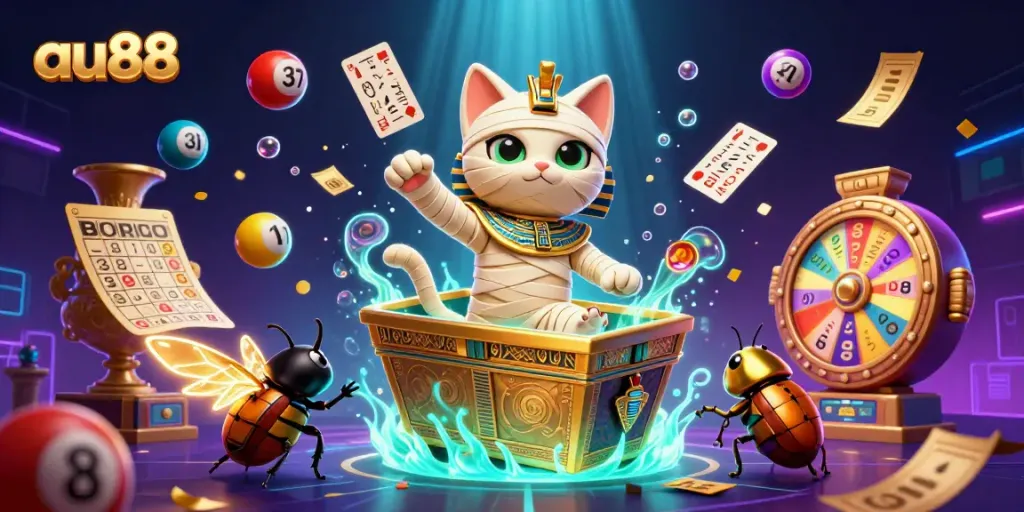 Experience the excitement of au88 with a vibrant 3D casino scene featuring a mummy cat and games.