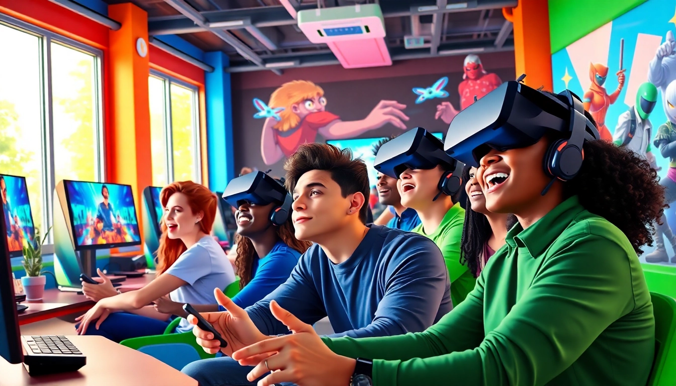 Diverse gamers enjoying immersive XXX games in a vibrant lounge setting.