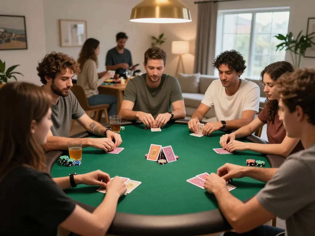 Players strategizing in a home poker game while engaging with KK55 chips and cards.