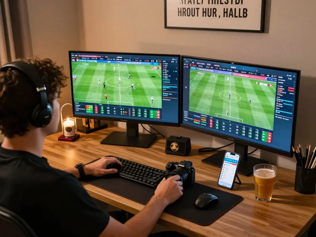 Socolive sports betting scene with a user engaged in live match updates on multiple screens.