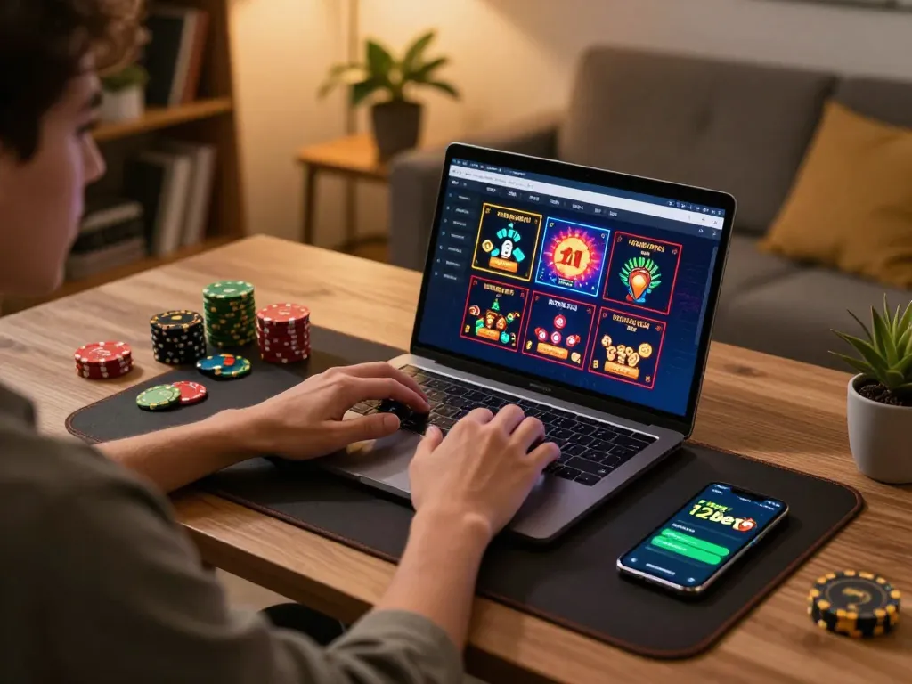 Người chơi tham gia vào casino trực tuyến 12bet trên laptop, trình bày thiết lập chơi game sôi động và giao diện laptop.