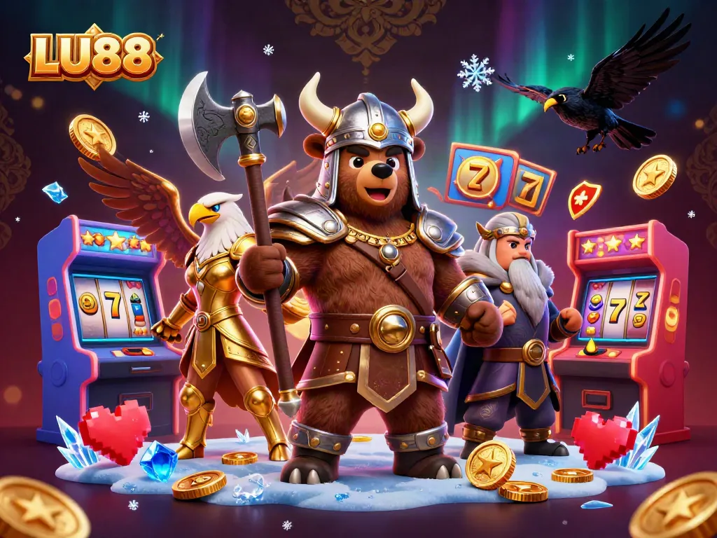 LU88 showcases a vibrant 3D casino scene with a Viking bear and Valkyrie, illustrating fun gaming action.