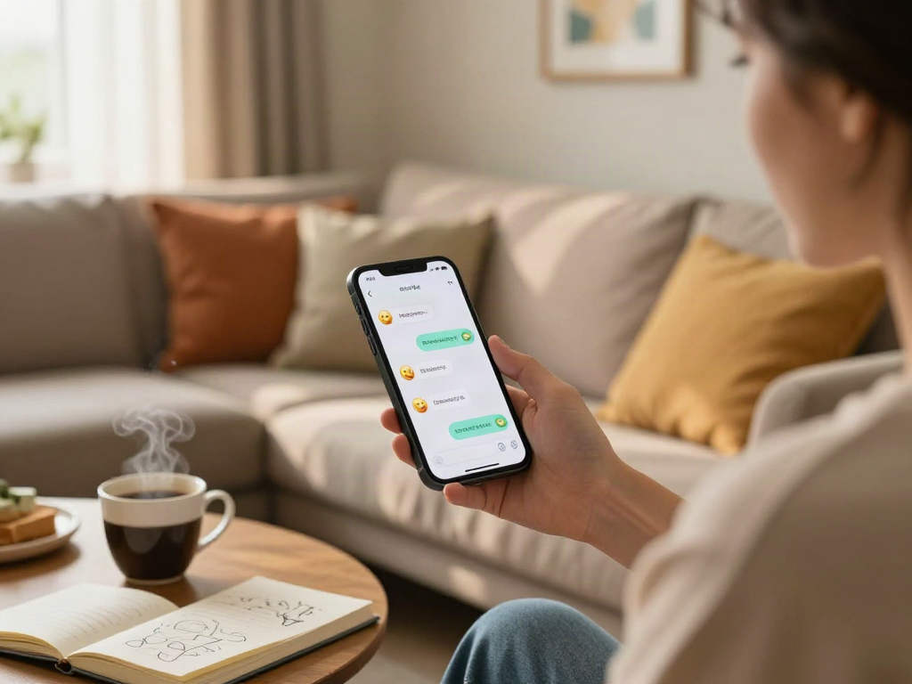 Interactive home chat scene with porn ai chat displayed on smartphone, inviting and cozy atmosphere for modern users.