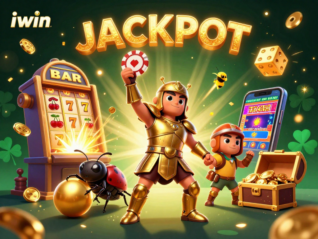 iwin jackpot celebration with cartoon beetles, a slot machine, and golden coins bursting
