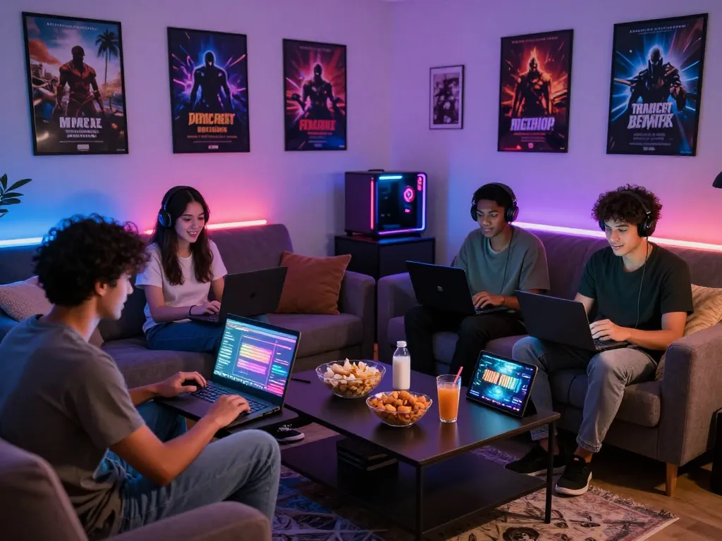 Group enjoying free porn games in a cozy gaming room with colorful LED lights.