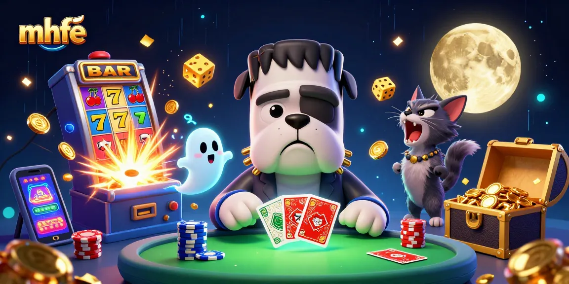 Engage in casino fun with mhfe as a Frankenstein bulldog deals cards amid a colorful slot explosion.