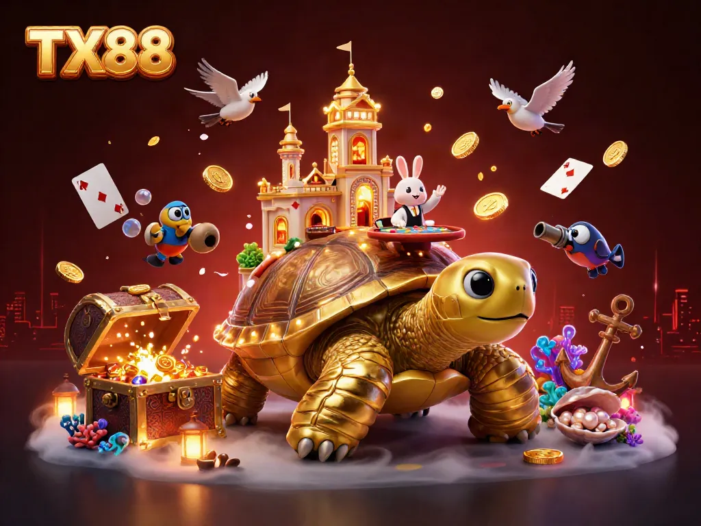 Experience the excitement at TX88 with vibrant casino-themed 3D scene featuring unique characters and elements.
