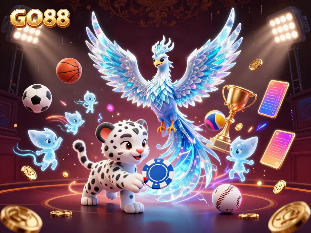 Experience the vibrant world of GO88 with a lively scene featuring an ice phoenix and animal companions amidst dynamic sports elements.