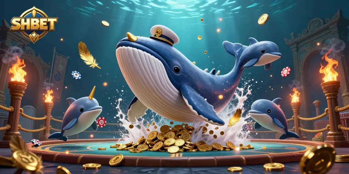 SHBET players engage in thrilling casino adventures with a playful whale, narwhal, and dolphins.