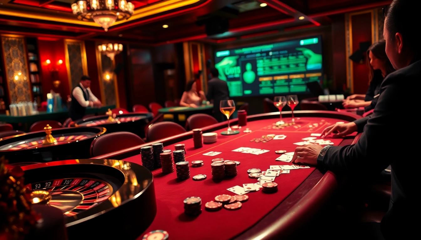 Engage in high-stakes poker at a luxurious casino, showcasing https://impactxoft.com's vibrant atmosphere.