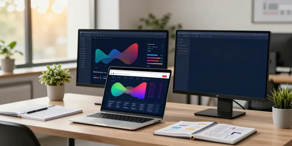 Digital marketer utilizing instant indexing tools in a vibrant office.