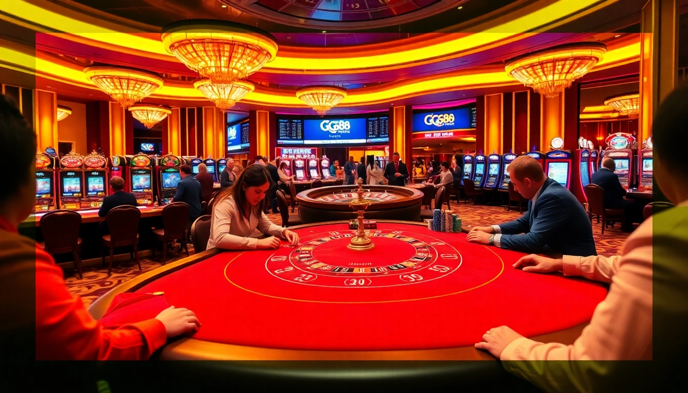 Experience the excitement of GG88 com with a vibrant casino scene, featuring poker and roulette games.
