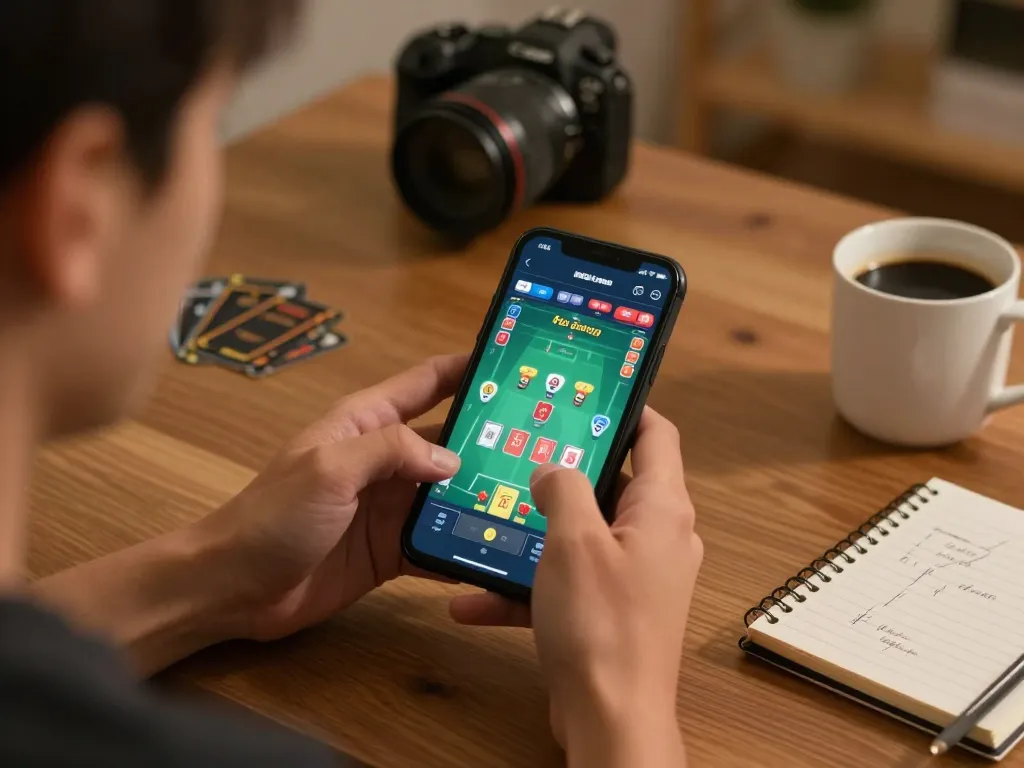 Player engaging with mobile game bài on a tablet, showcasing strategic gameplay and cozy home setup.