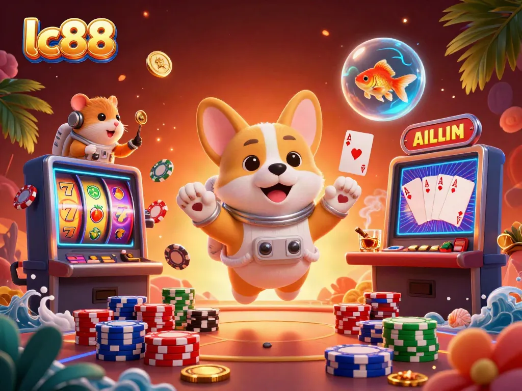 Experience the thrill of lc88 in a vibrant space casino scene with floating characters and poker elements.