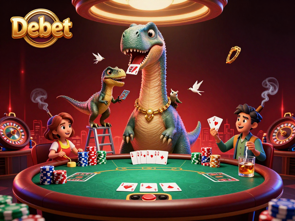 Debet revamps casino excitement as a brontosaurus looms over a vibrant poker scene.
