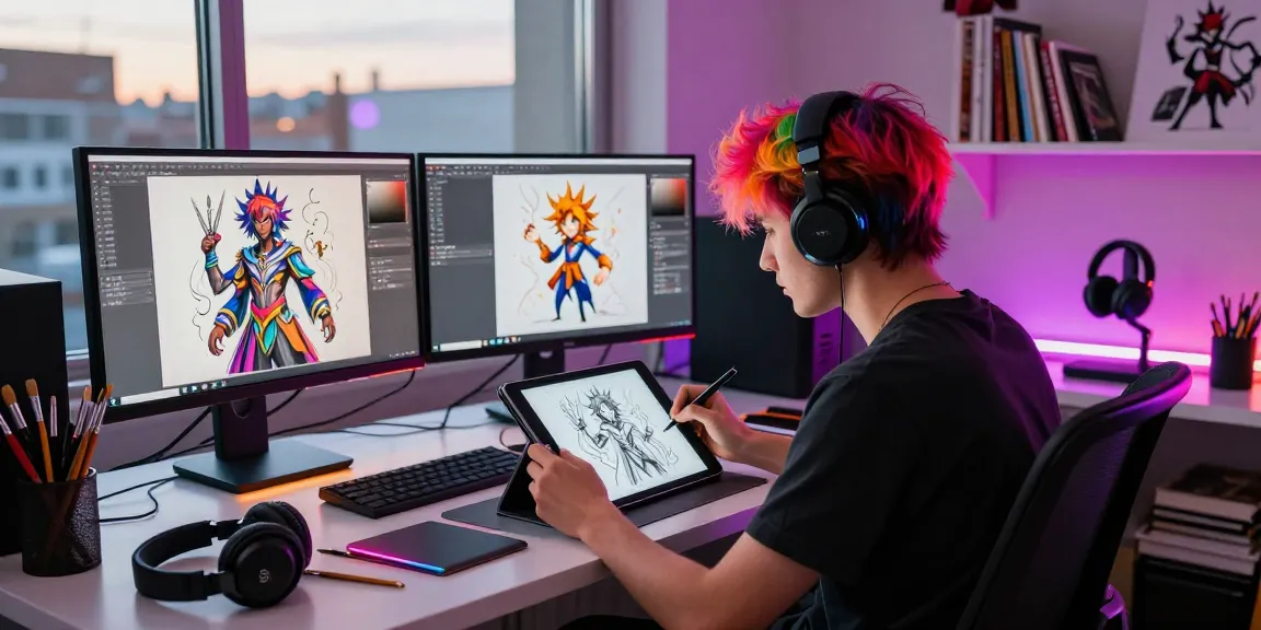 Creative artist designing NSFW AI characters in a vibrant digital studio