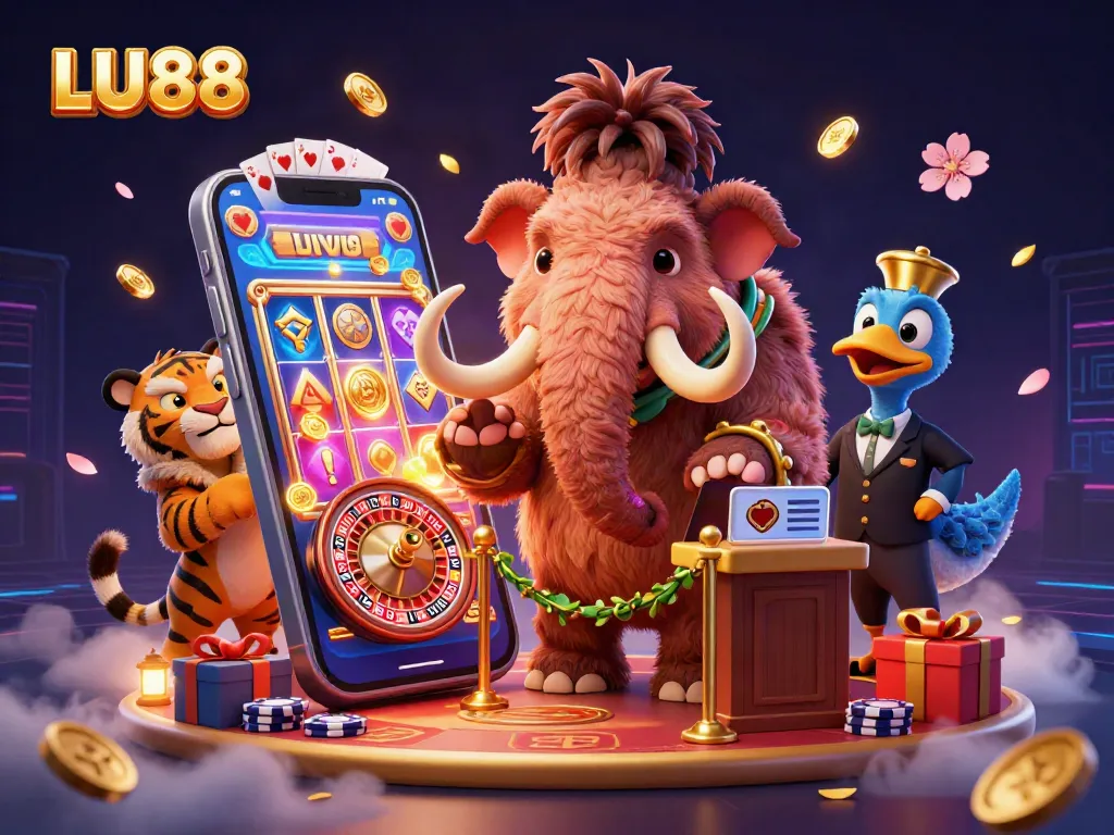 LU88 showcases excitement at the casino entrance with a vibrant scene featuring characters and gaming elements.