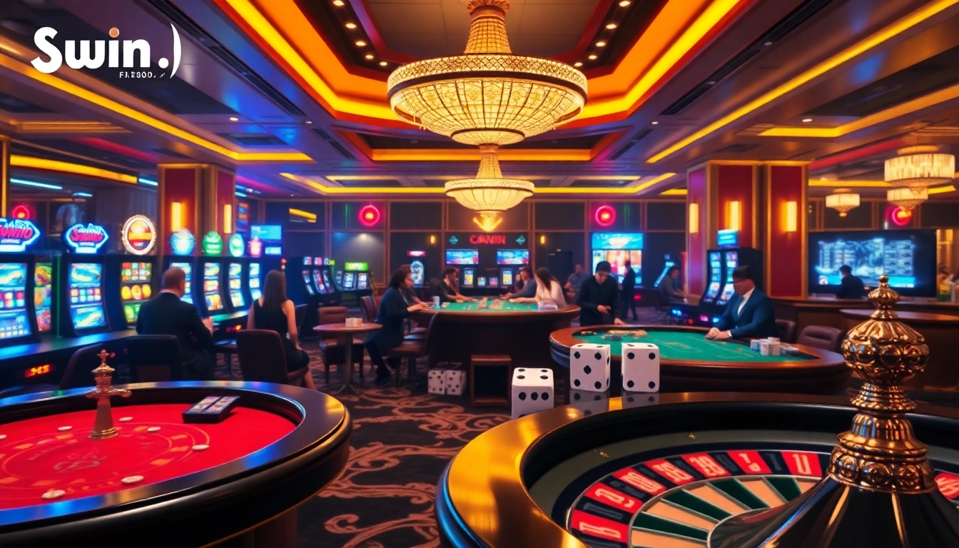 Exciting gambling scene showcasing Sunwin's vibrant online casino with poker tables and roulette under warm lighting.