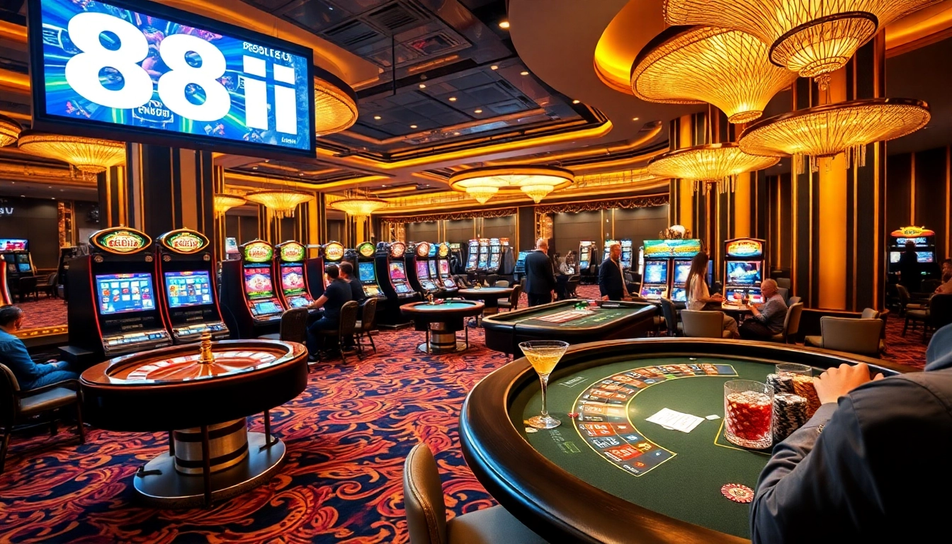 Players enjoying high-stakes games and slot machines in a luxurious casino setting featuring 88i.