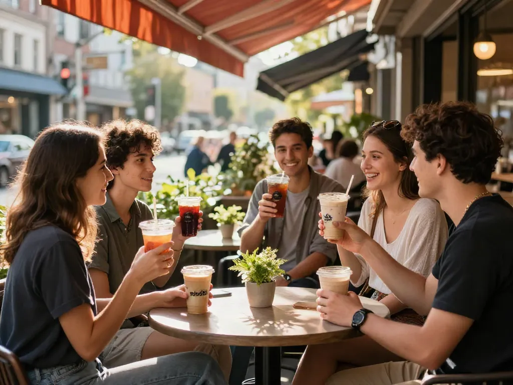 Friends enjoying rokok88 drinks at a cozy outdoor café.