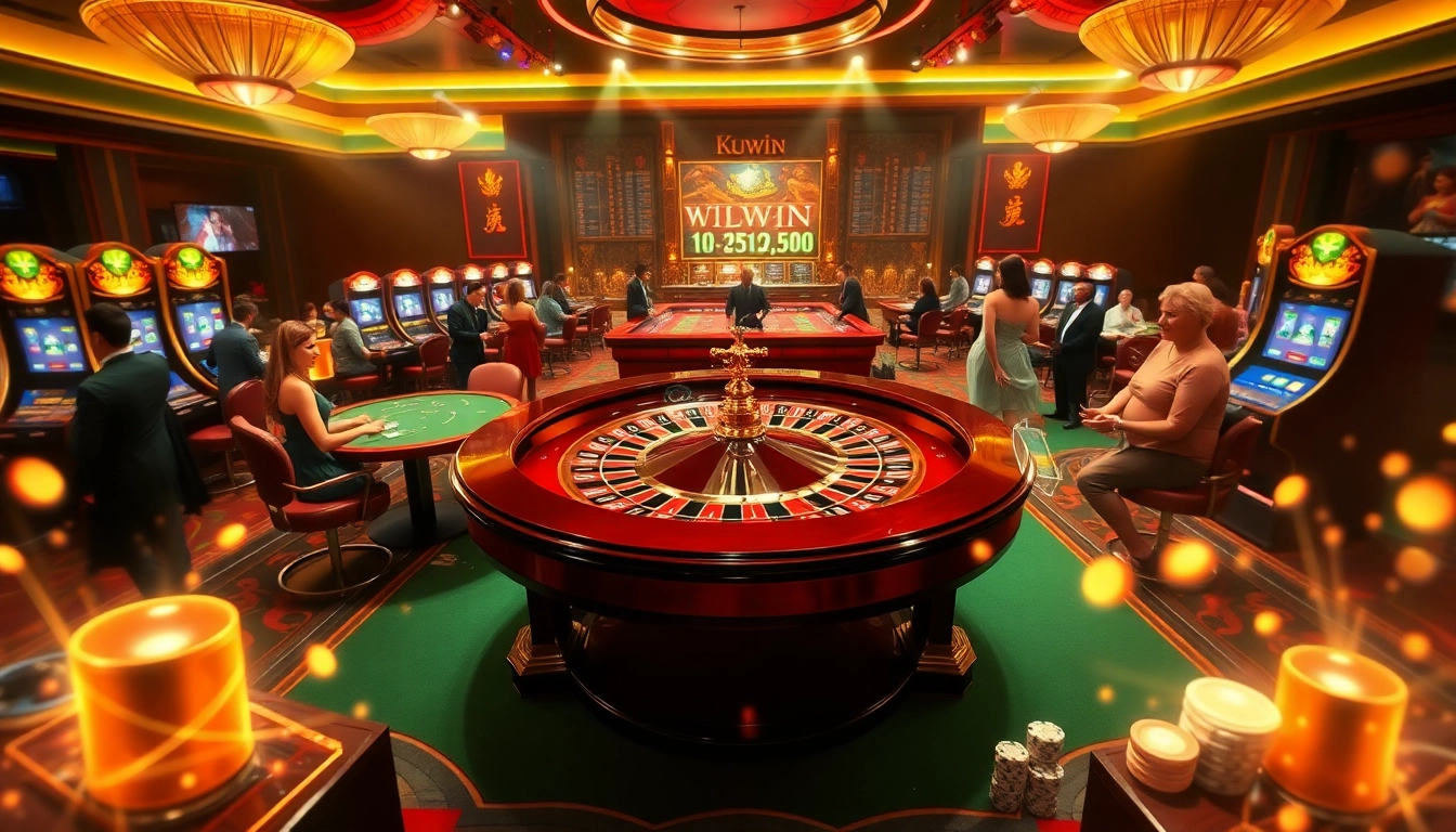 Kuwin casino experience featuring vibrant roulette tables and engaging slot machines.