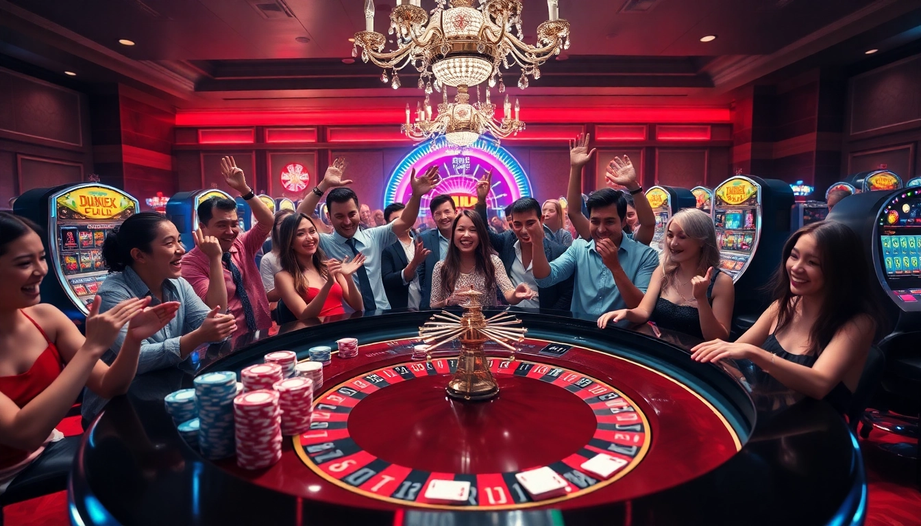 Experience the excitement of PS99 at a luxurious casino showcasing roulette and slot machines.
