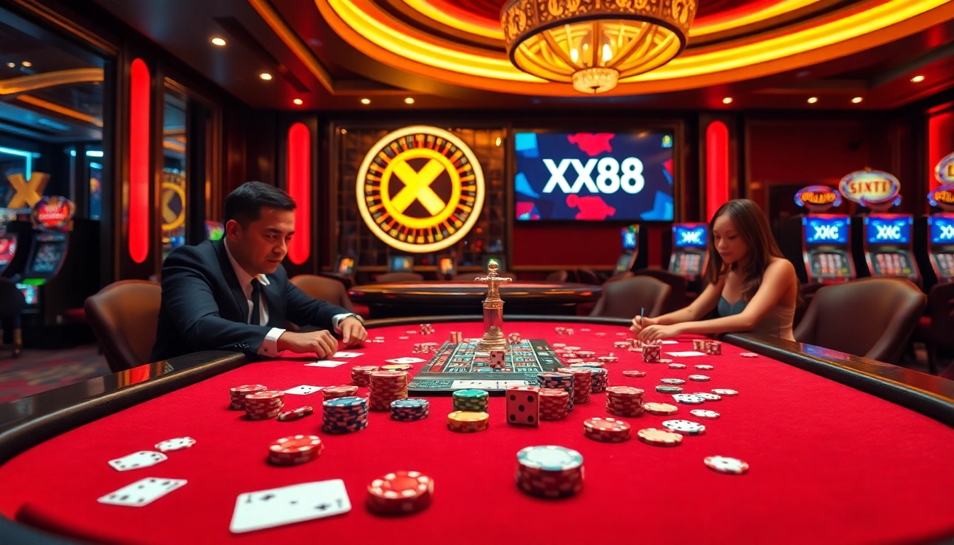 High-stakes gaming scene at XX88 with poker chips and roulette wheel, showcasing excitement and luxury.