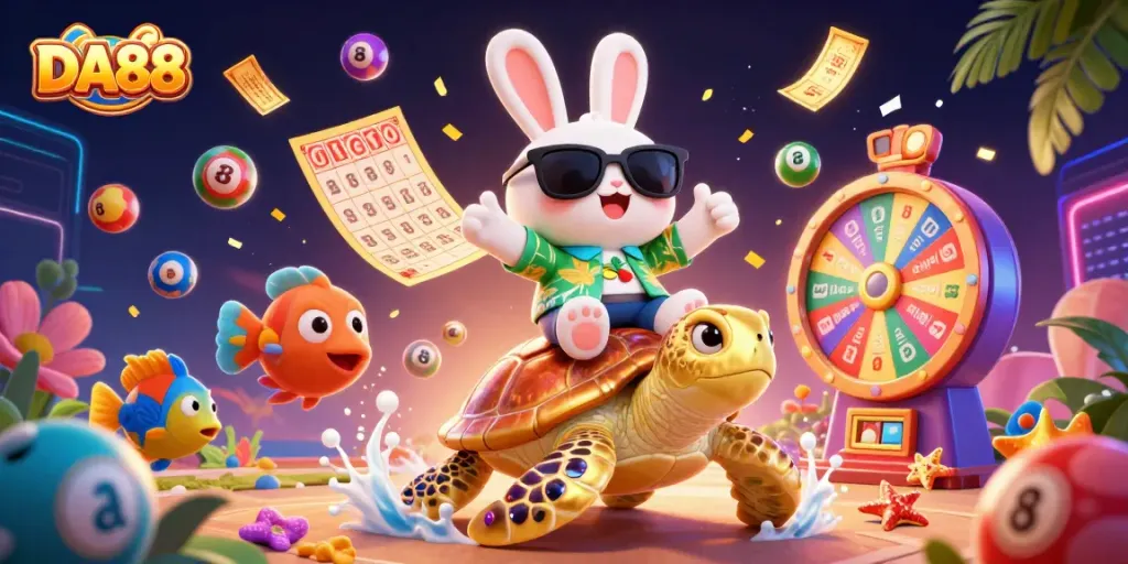 Experience the thrill of DA88 lottery gaming with a vibrant 3D illustration featuring lucky characters and dynamic prize elements.