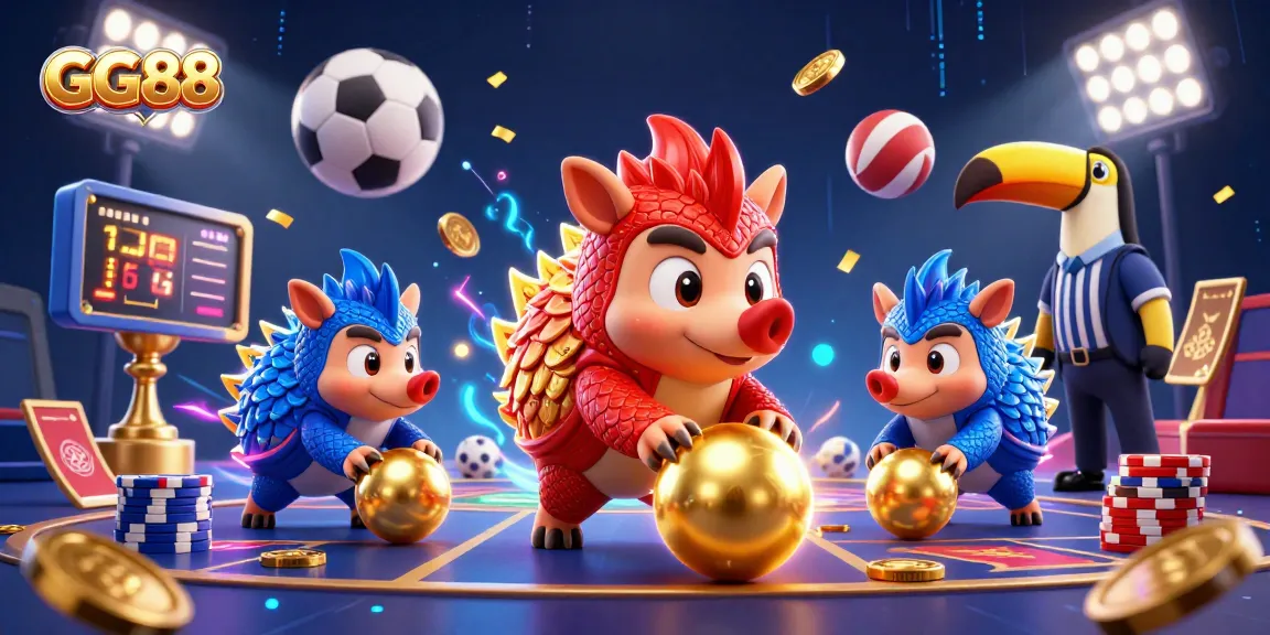 Compete at GG88's vibrant casino, where pangolins roll into golden balls amid poker chips and sports action.