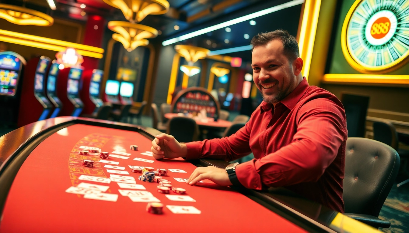 Players strategizing at BJ 88 online casino table with colorful chips and cards.